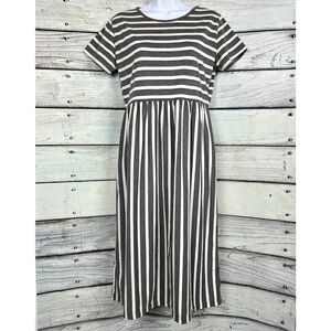 Tickled Teal Gray & White Striped Midi Dress M